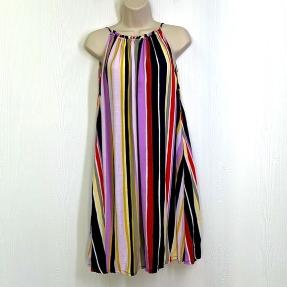 Loft - Striped Colorful Halter Sleeveless Pocket Swing Dress Size Medium - Picture 2 of 11